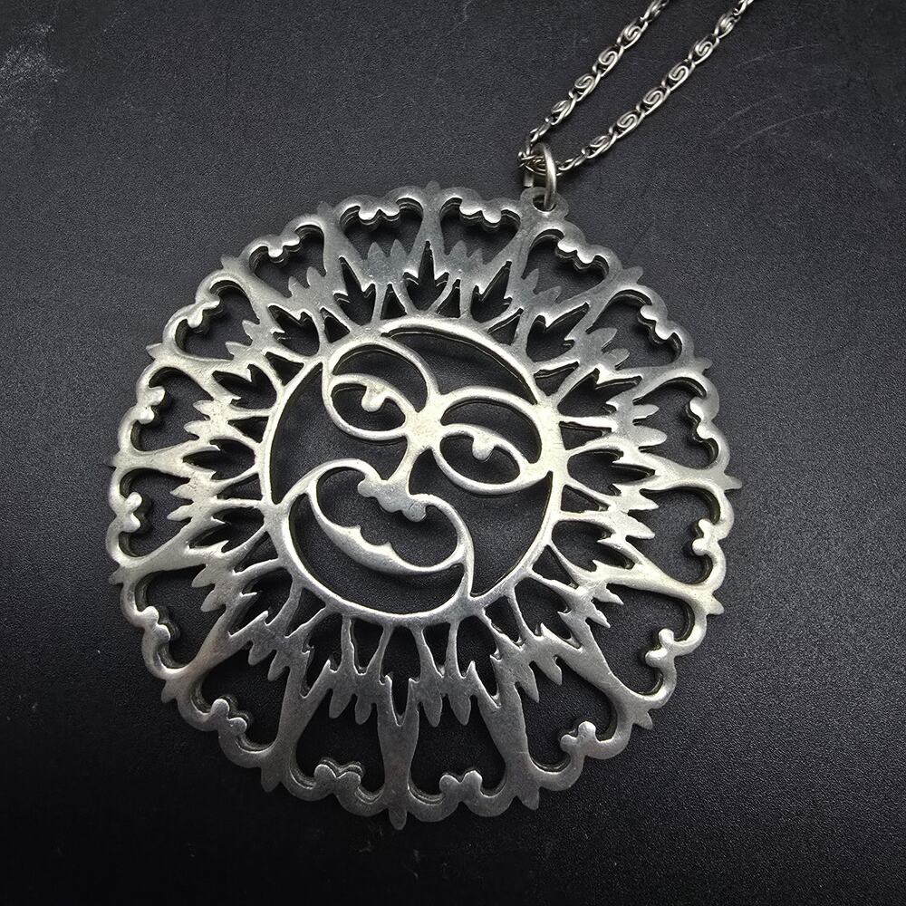 Reed and Barton Pewter Aztec Sun Face Necklace Pendant